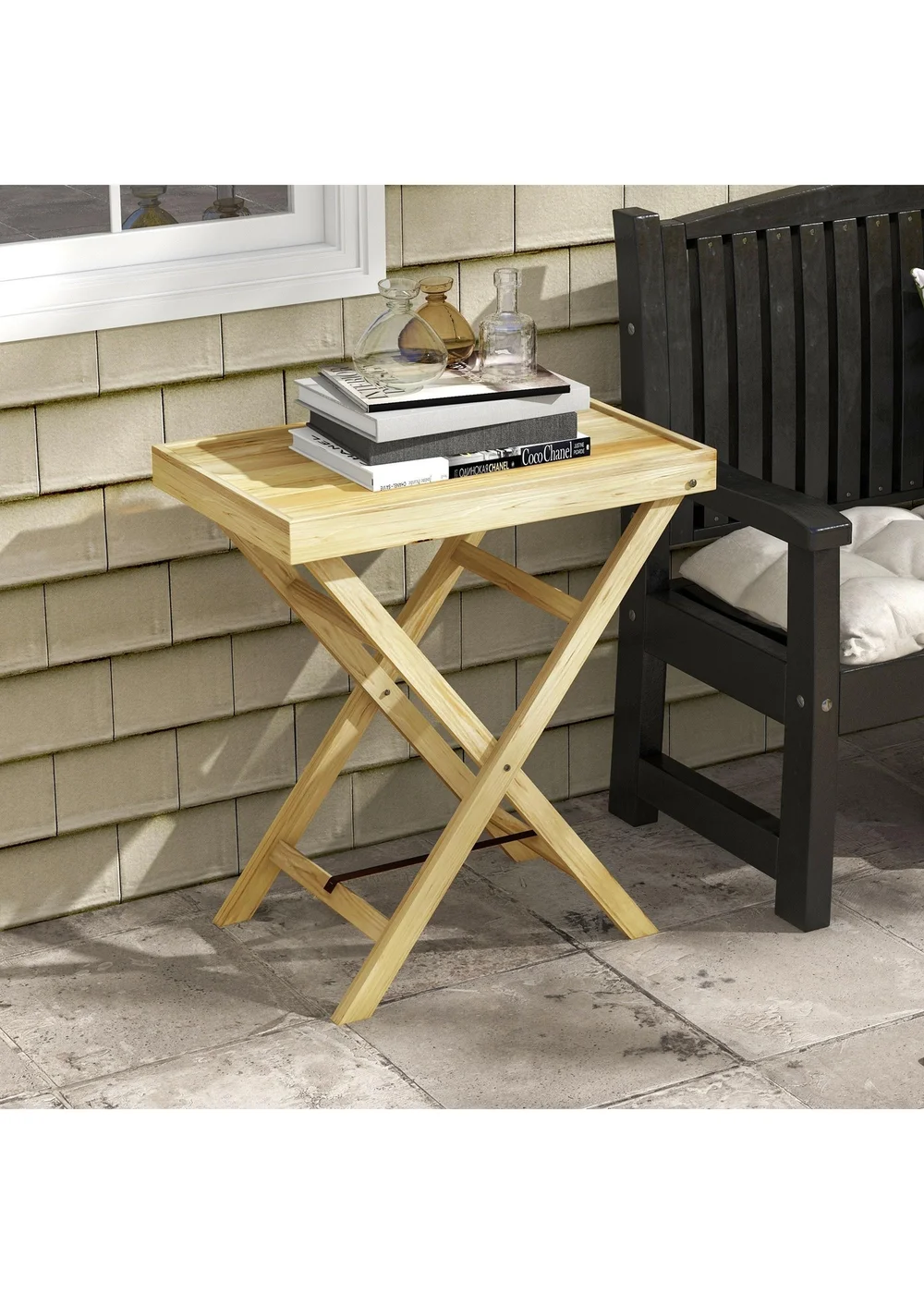 Outsunny Wooden Garden Table Outdoor Side Table Natural (68cmx44cmx75cm) - One Size Image 1