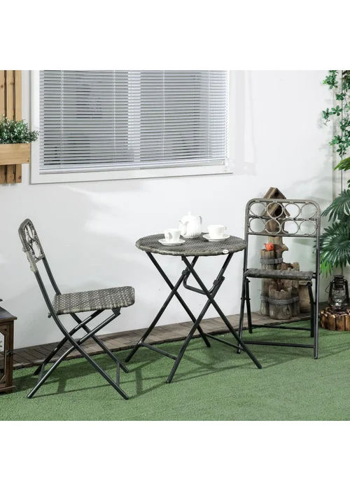 Outsunny 3 PCS Folding Rattan Wicker Bistro Set Coffee Table Set Grey - One Size Image 1