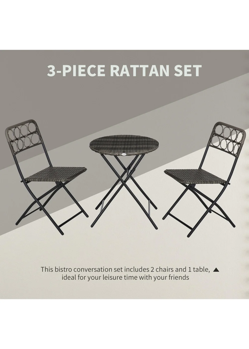 Outsunny 3 PCS Folding Rattan Wicker Bistro Set Coffee Table Set Grey - One Size Image 5