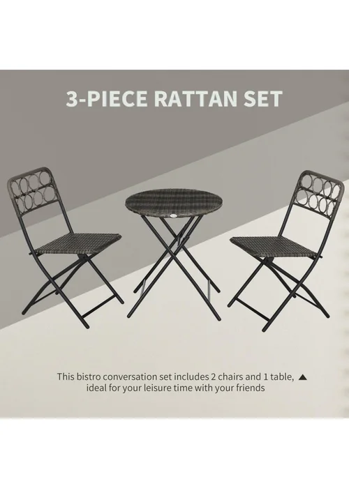 Outsunny 3 PCS Folding Rattan Wicker Bistro Set Coffee Table Set Grey - One Size Image 5