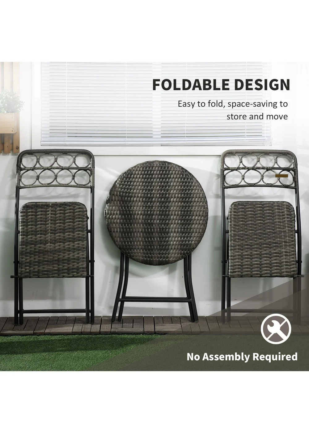 Outsunny 3 PCS Folding Rattan Wicker Bistro Set Coffee Table Set Grey - One Size Image 4