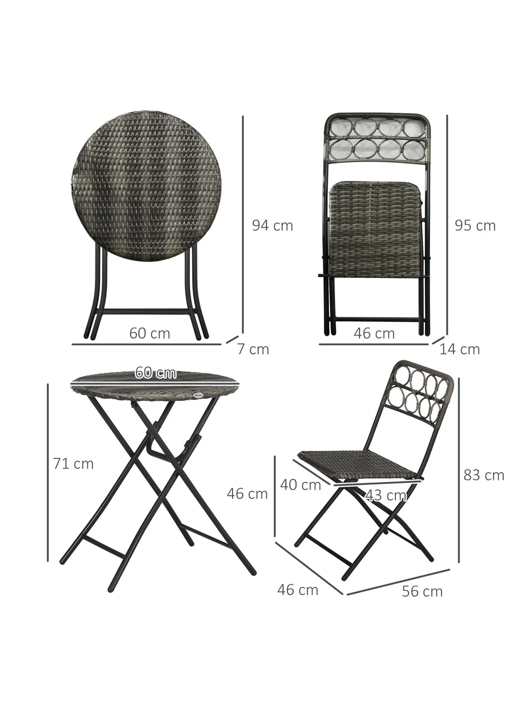 Outsunny 3 PCS Folding Rattan Wicker Bistro Set Coffee Table Set Grey - One Size Image 3