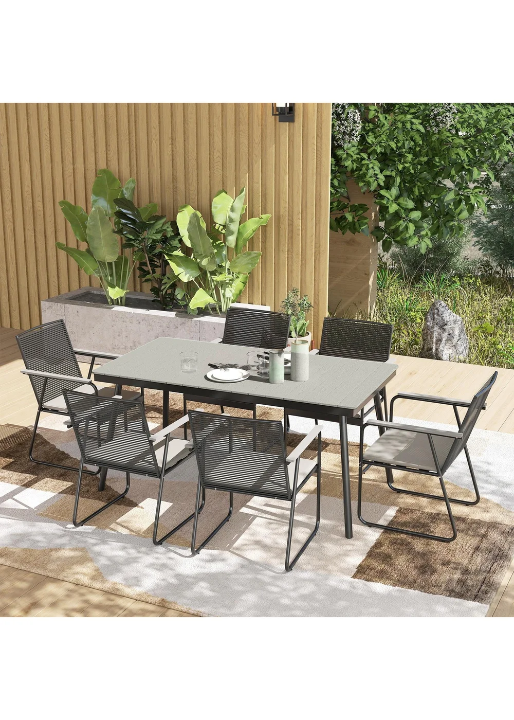 Outsunny 6 Seater Garden Dining Set with Cushions Rattan Backrest - One Size Image 1