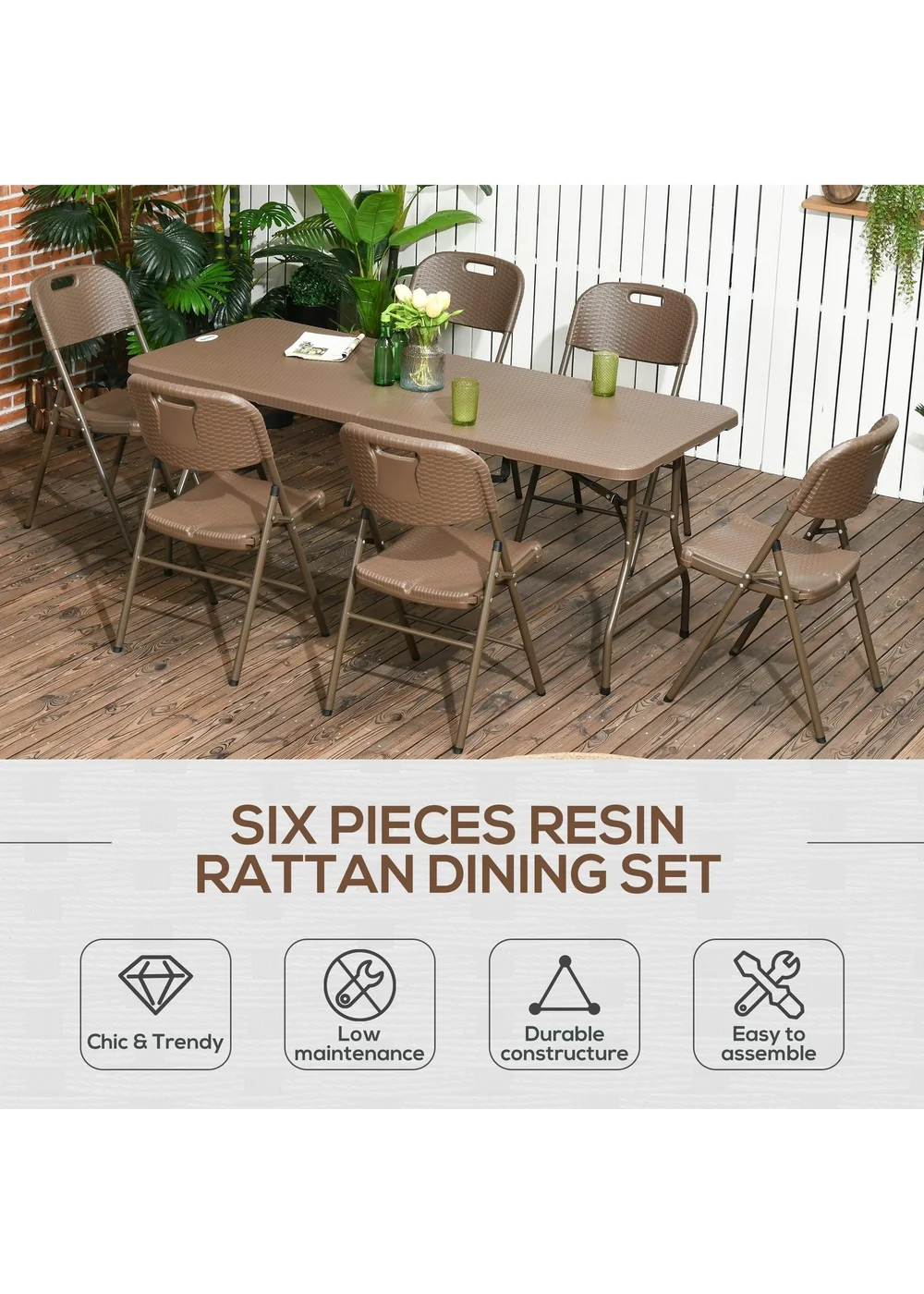 Outsuny HDPE Molding Design Resin Rattan Dining Set Foldable Table and Chairs - One Size Image 4