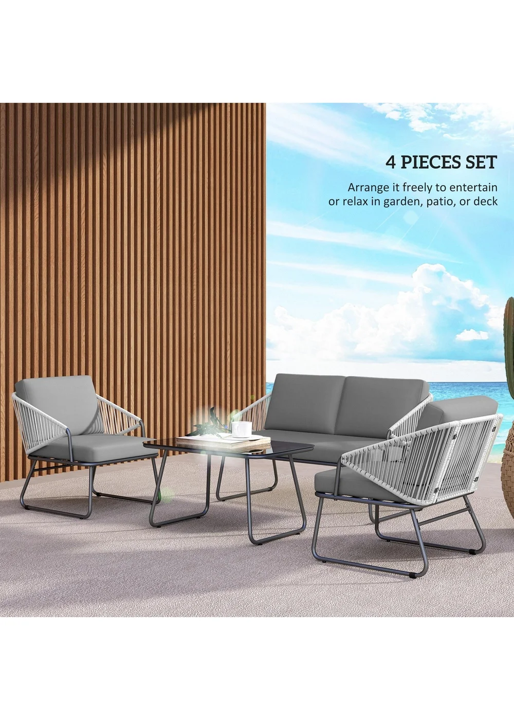 Outsunny 4 Piece Rattan Garden Furniture Set with Cushions - One Size Image 4