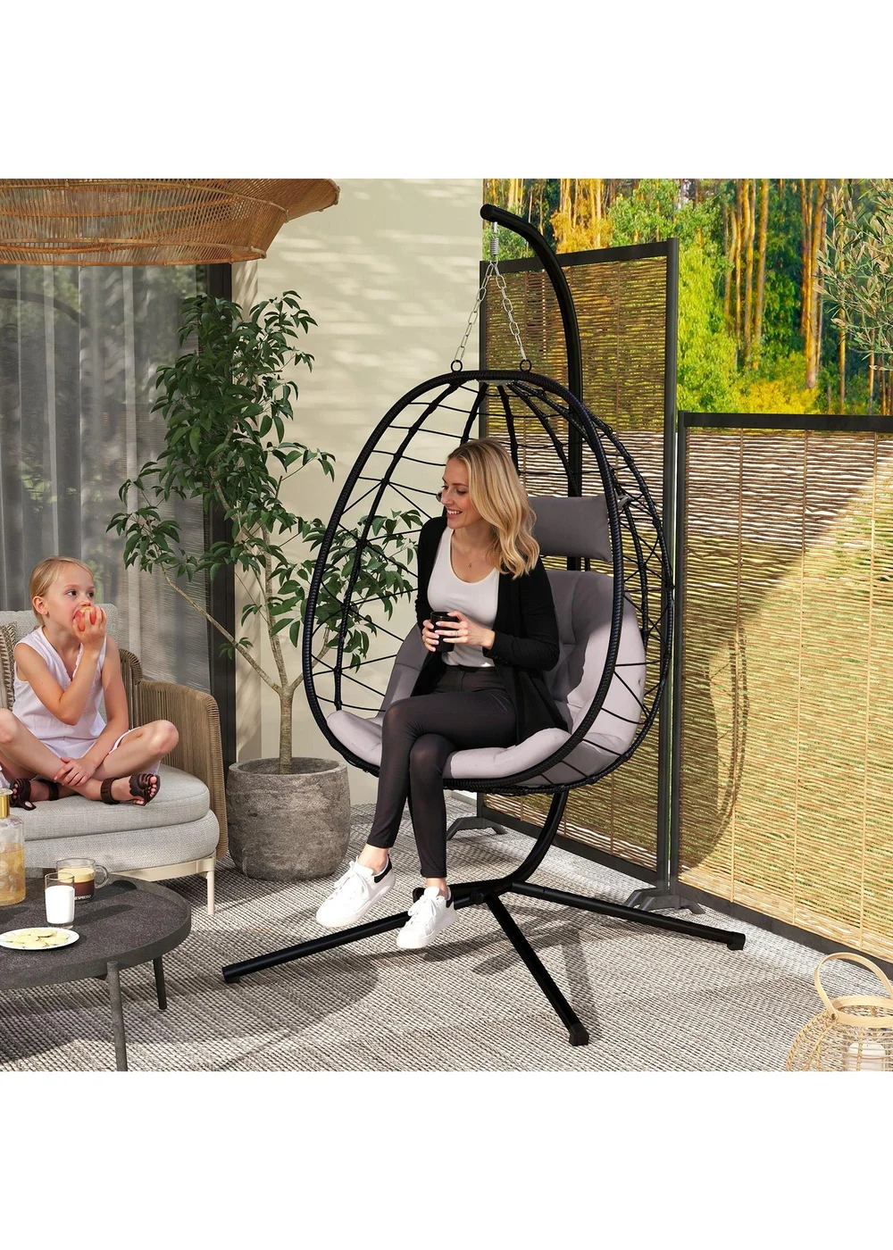 Outsunny Garden Egg Chair Outdoor Hanging Swing Chair Folding Basket - One Size Image 1