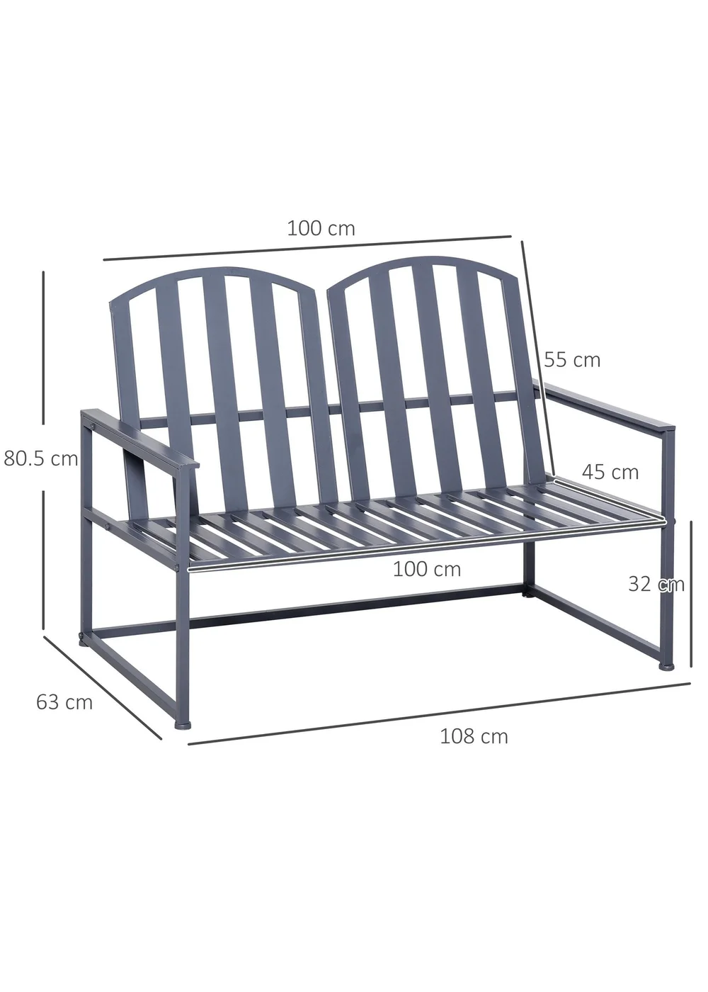 Outsunny 2 Seat Steel Patio Garden Bench Chair Slat Design Backyard Porch Grey - One Size Image 3