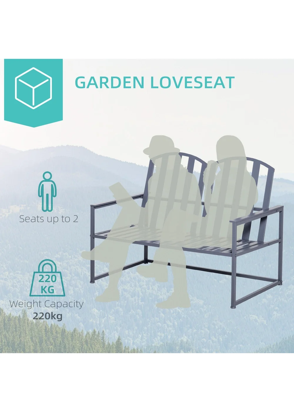 Outsunny 2 Seat Steel Patio Garden Bench Chair Slat Design Backyard Porch Grey - One Size Image 4
