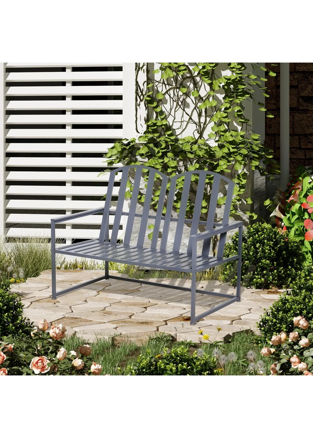 Outsunny 2 Seat Steel Patio Garden Bench Chair Slat Design Backyard Porch Grey - One Size Image 1