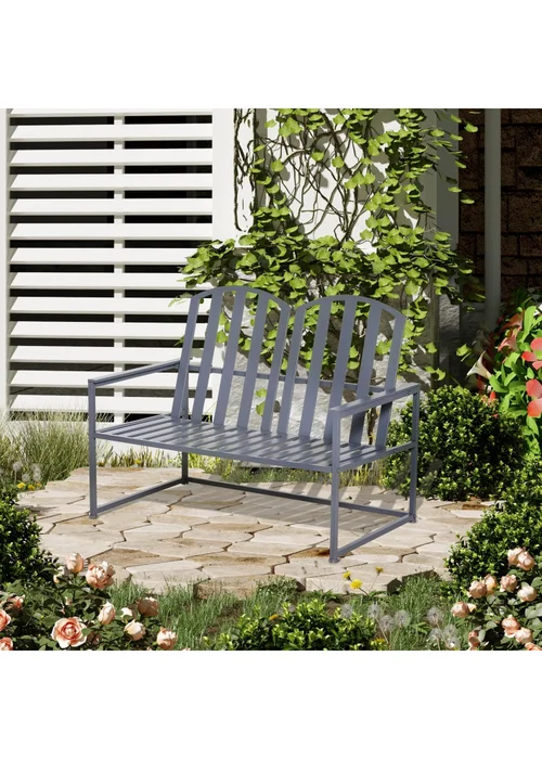 Outsunny 2 Seat Steel Patio Garden Bench Chair Slat Design Backyard Porch Grey - One Size Image 1