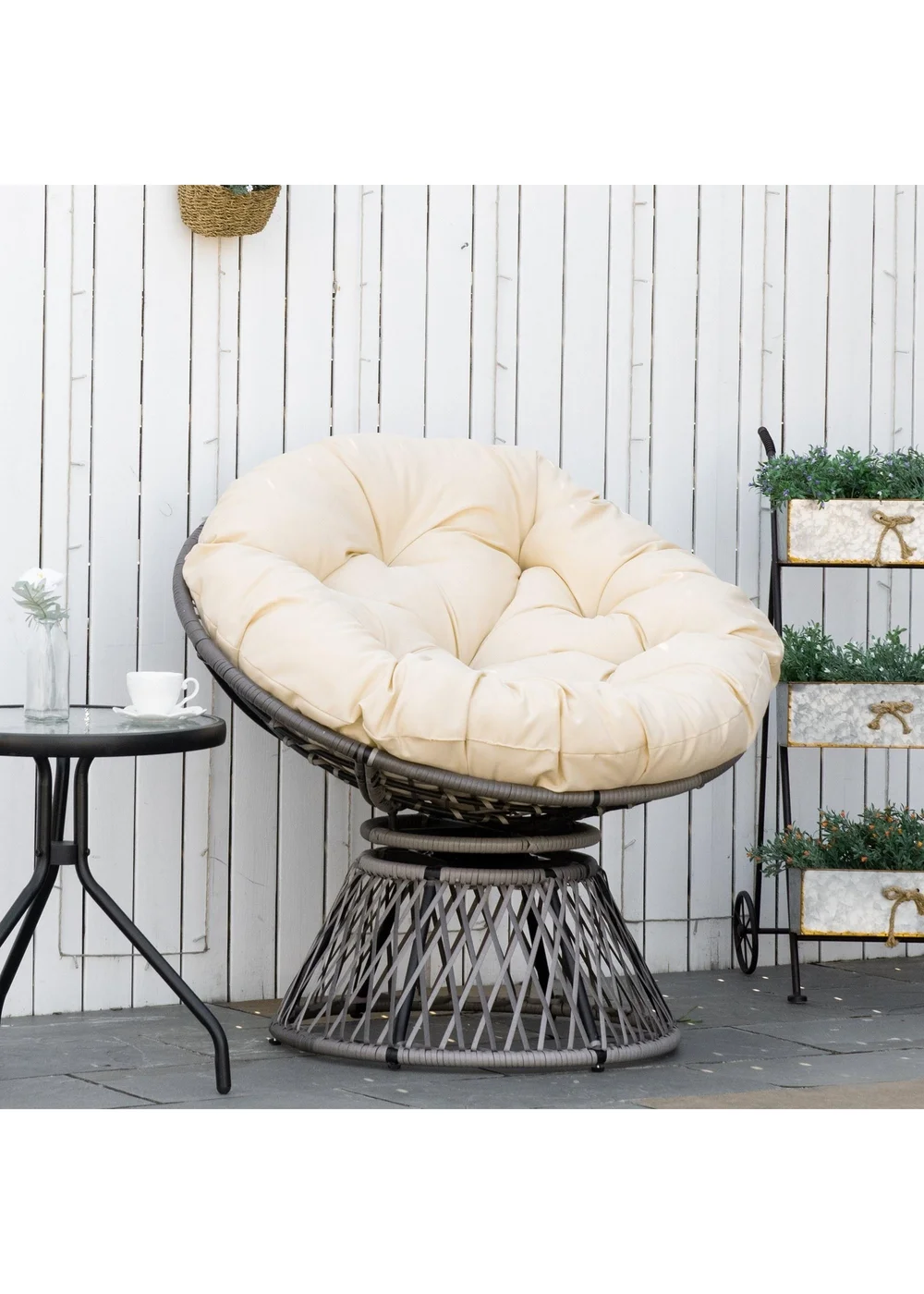 Outsunny Swivel Rattan Papasan Moon Bowl Chair Round Outdoor with Padded - One Size Image 1
