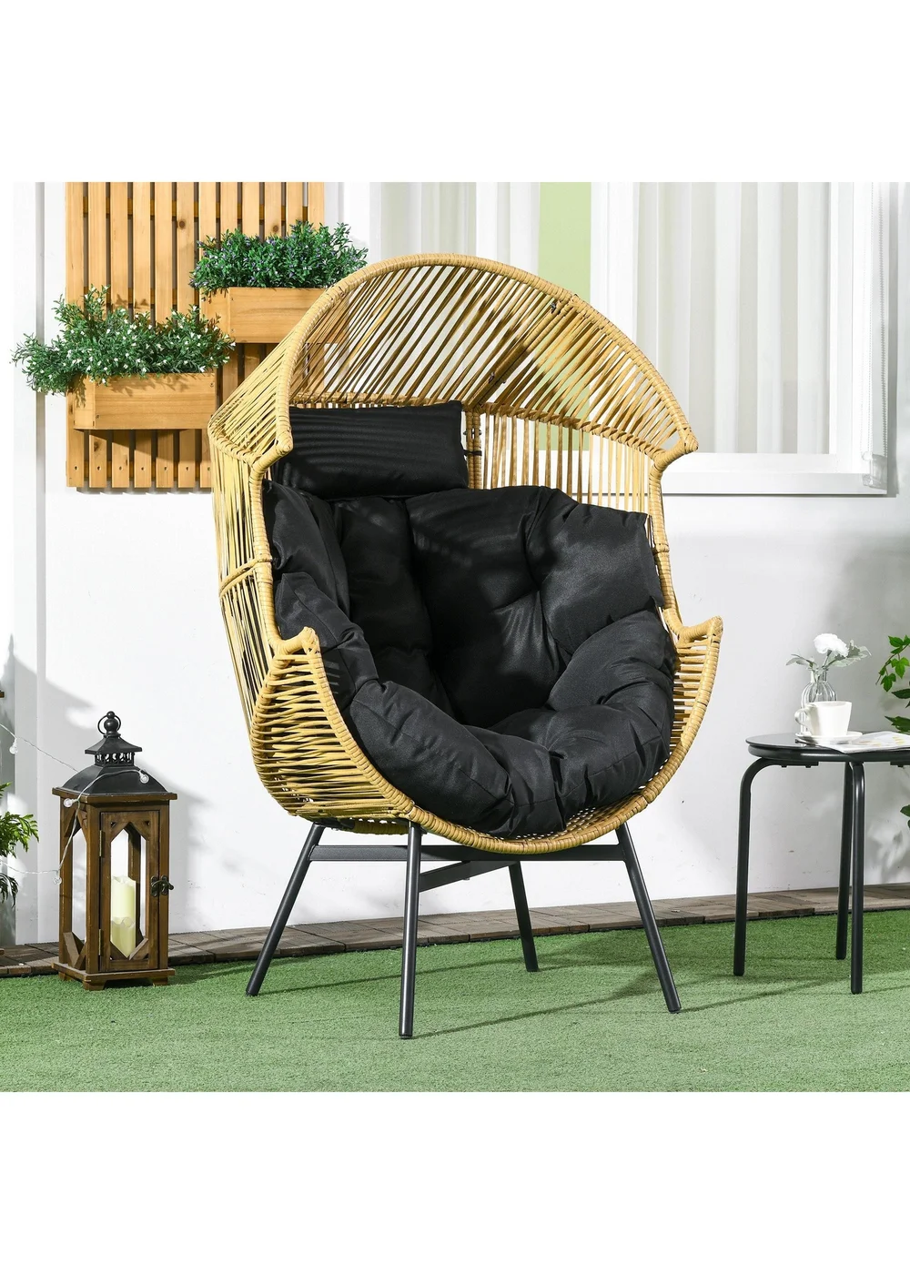 Outsunny Rattan Leisure Chair with Cushion Garden Egg Chair with Headrest - One Size Image 1