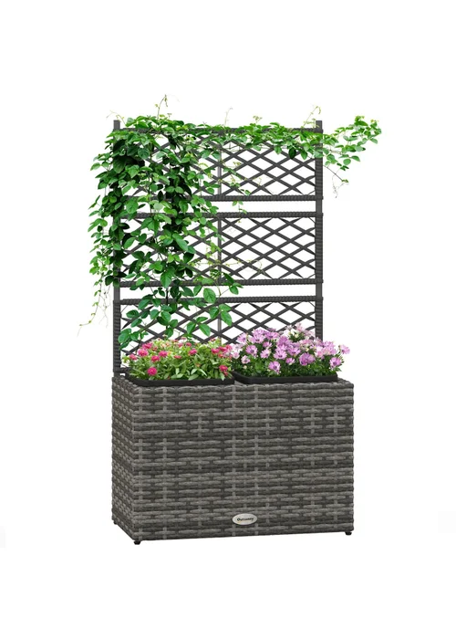 Outsunny Garden PE Rattan Planter Box with Trellis Flower Raised Bed (57x30x107cm) - One Size Image 2