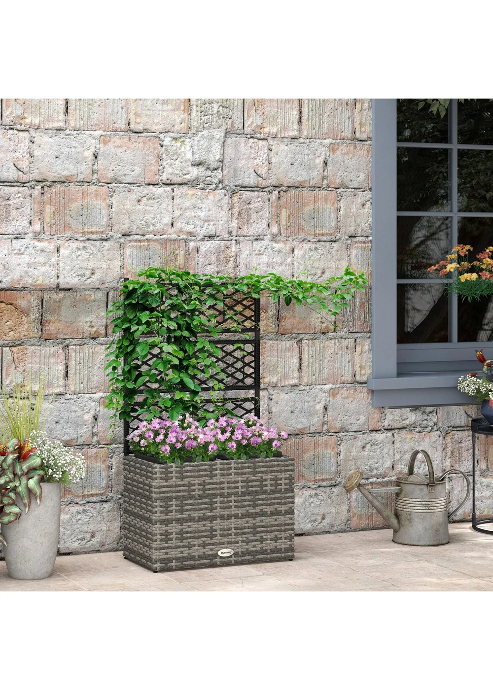 Outsunny Garden PE Rattan Planter Box with Trellis Flower Raised Bed (57x30x107cm) - One Size Image 1