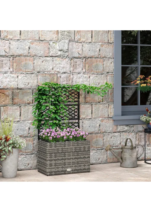 Outsunny Garden PE Rattan Planter Box with Trellis Flower Raised Bed (57x30x107cm) - One Size Image 1