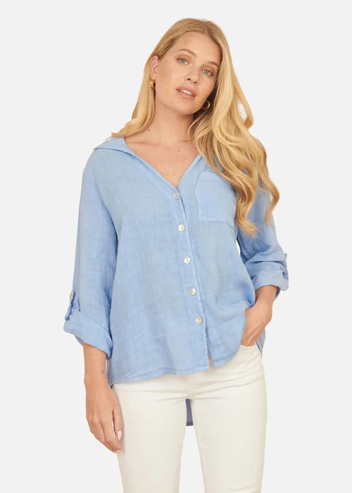 Yumi Blue Washed Linen Relaxed Shirt - S Image 3