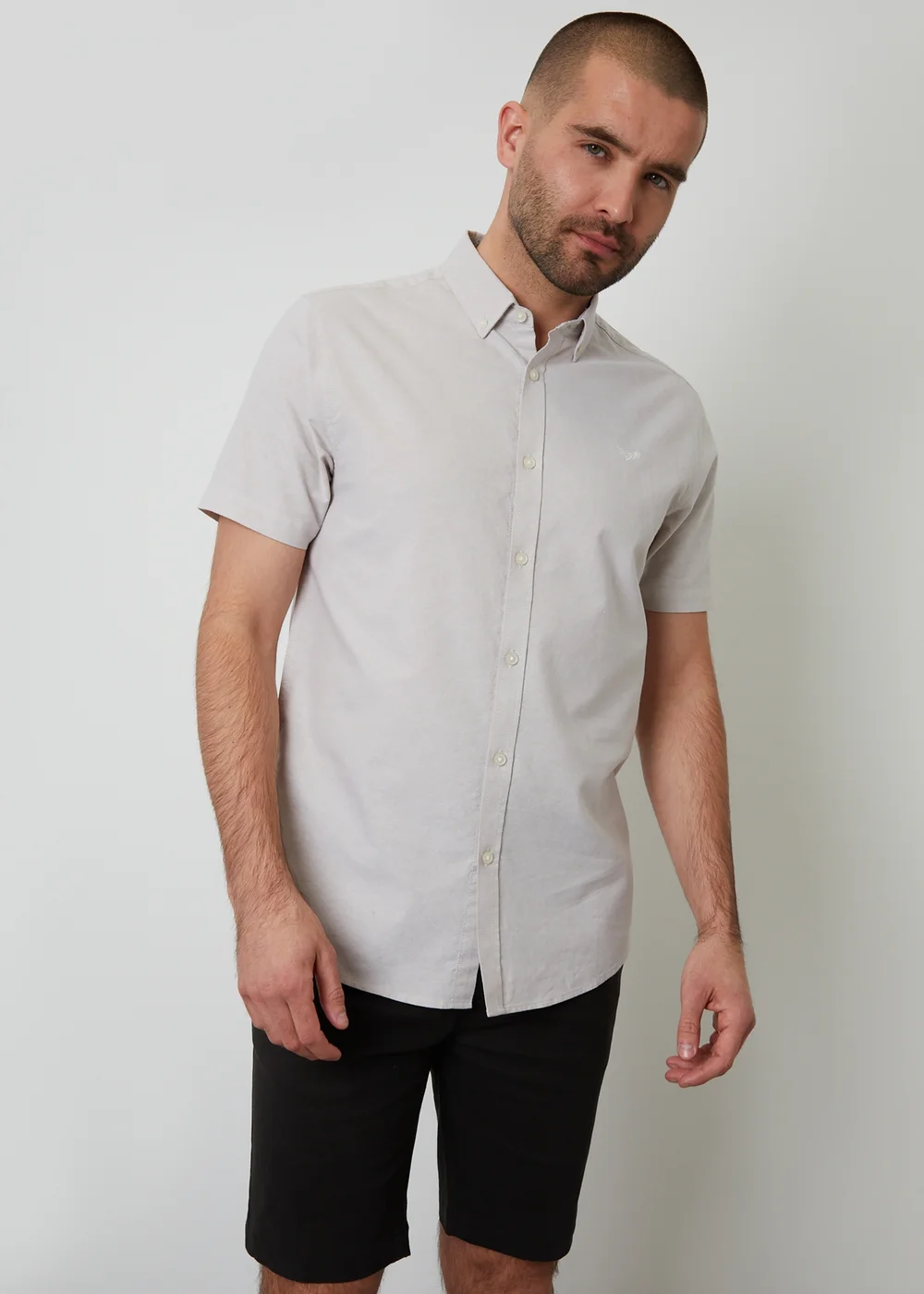 Threadbare Stone Oxford Cotton Slim Fit Short Sleeve Shirt - Small Image 1