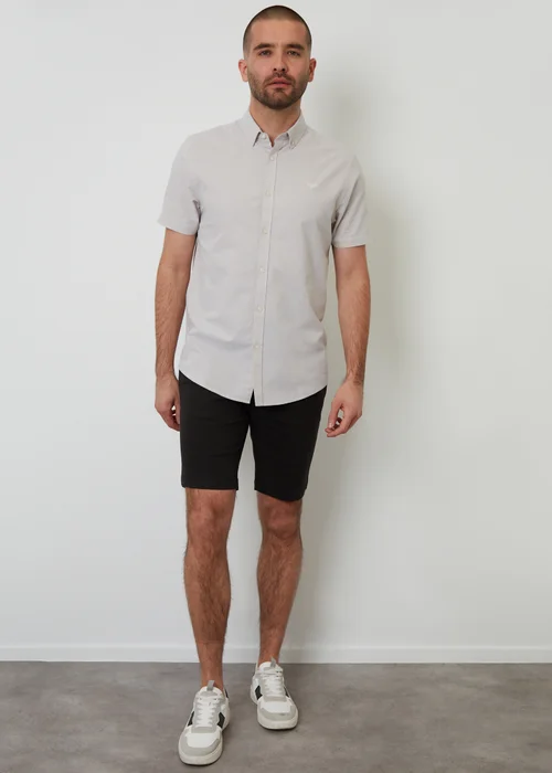 Threadbare Stone Oxford Cotton Slim Fit Short Sleeve Shirt - Small Image 4