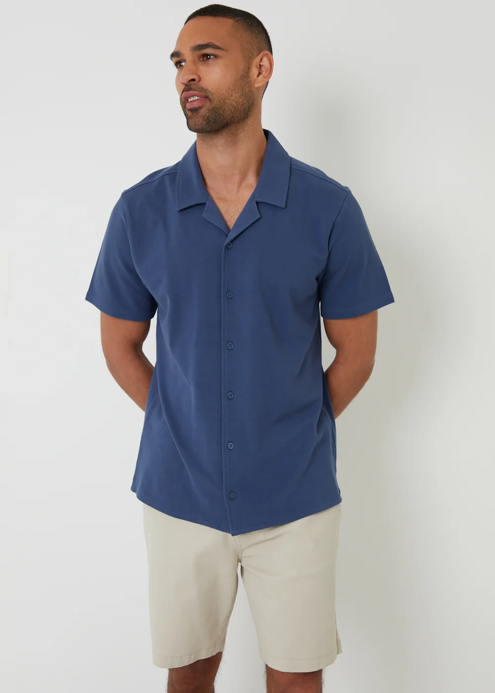 Threadbare Blue Cotton Pique Revere Collar Short Sleeve Shirt - S Image 1