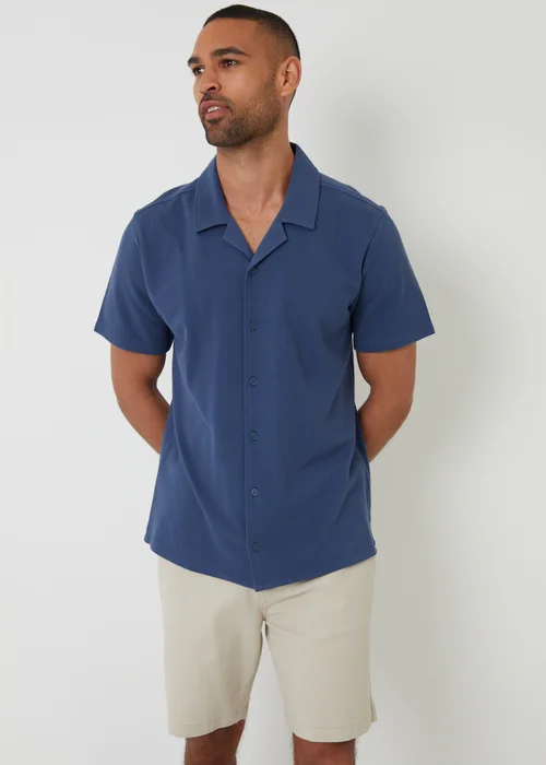 Threadbare Blue Cotton Pique Revere Collar Short Sleeve Shirt - S Image 1