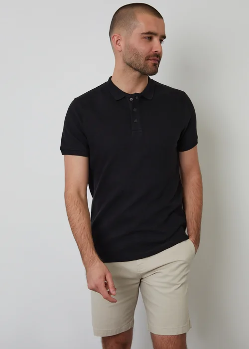 Threadbare Black Ottoman Rib Textured Cotton Polo Shirt - S Image 1