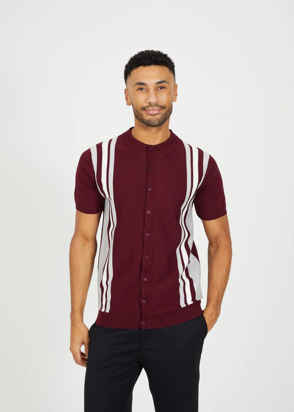 Brave Soul Burgundy Knitted Short Sleeve Shirt - S Image 1