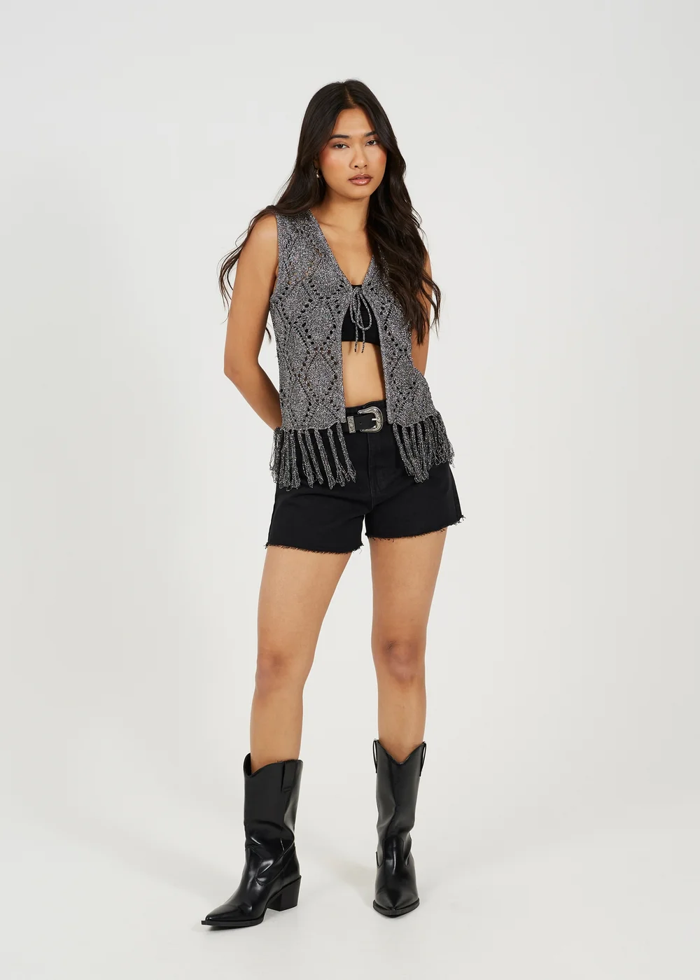 Brave Soul Black Metallic Tie Front Waistcoat - Extra small Image 4