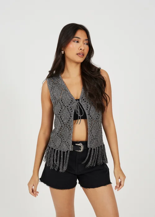 Brave Soul Black Metallic Tie Front Waistcoat - Extra small Image 1
