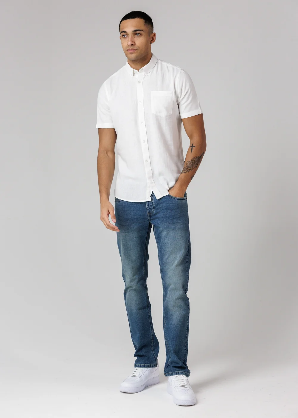 French Connection White Linen Blend Short Sleeve Chest Pocket Shirt - L Image 4