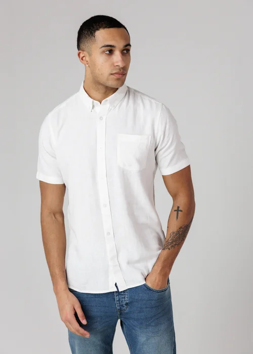 French Connection White Linen Blend Short Sleeve Chest Pocket Shirt - L Image 1