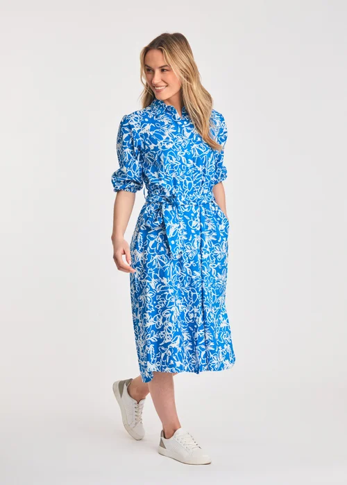 French Connection Blue Floral Print Short Sleeve Midi Shirt Dress - 8 Image 1