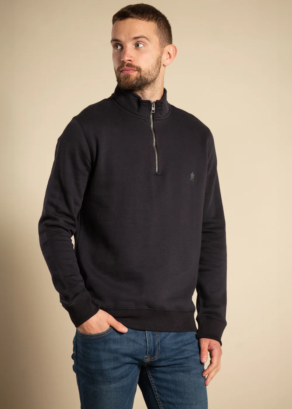 French Connection Navy Cotton Blend Half Zip Jumper - L Image 1