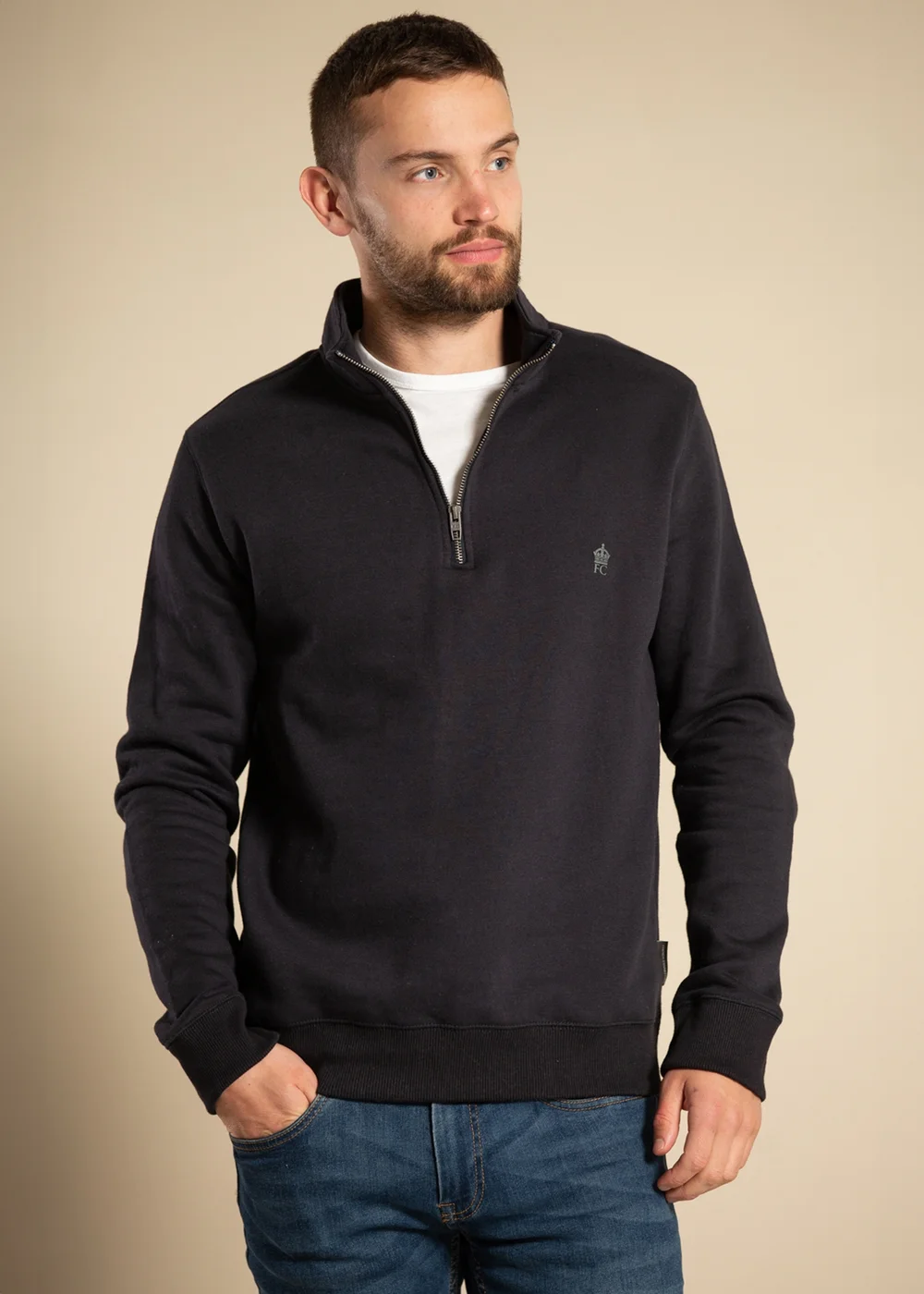 French Connection Navy Cotton Blend Half Zip Jumper - L Image 4