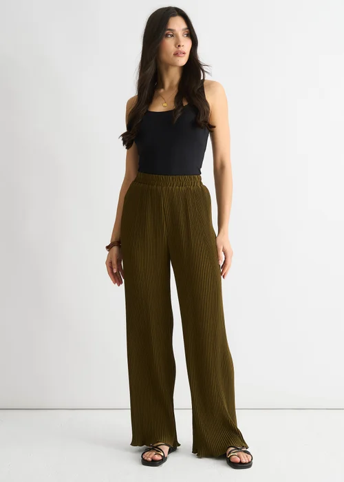 Gini London Olive Plisse Loungewear Wide Leg Trouser - M/L Image 1