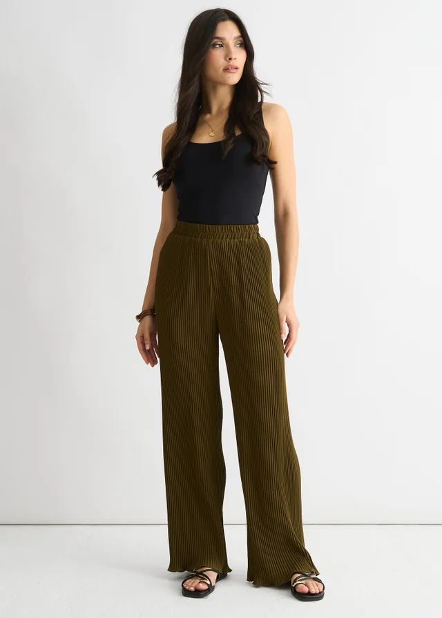 Gini London Olive Plisse Loungewear Wide Leg Trouser