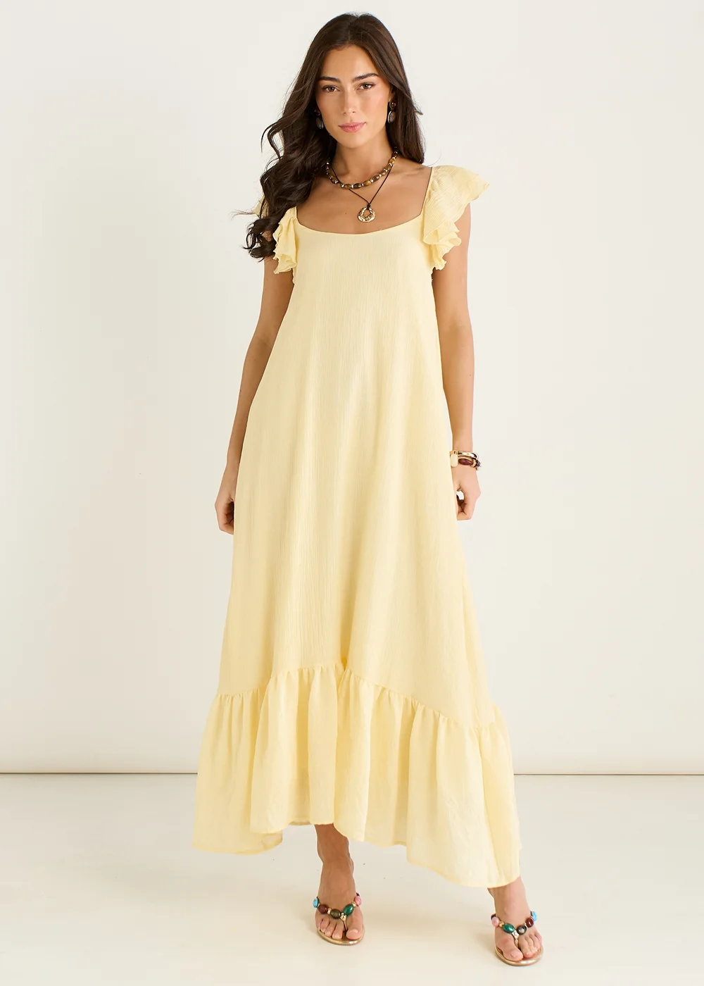 lemon maxi dress uk Chantelle | Lemon High-Neck Maxi Dress With Drop-Waist And Cape-Sleeve Club L London