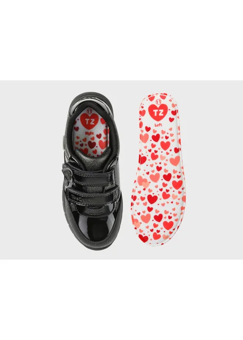 ToeZone Girls Black Isla Patent Heart Rip Tape School Shoes (Younger 8 - Older 2) - 12 Infants Image 4