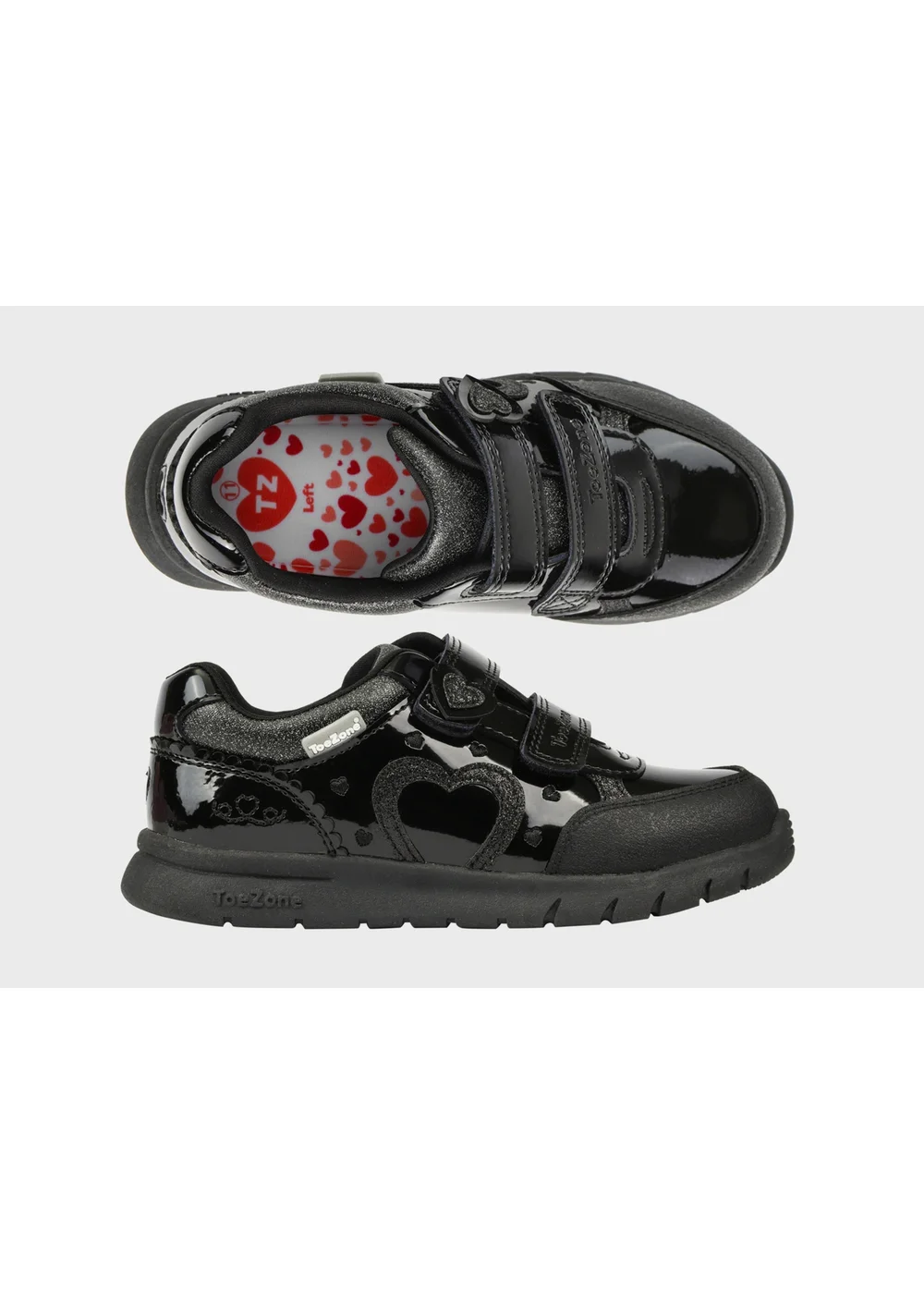 ToeZone Girls Black Isla Patent Heart Rip Tape School Shoes (Younger 8 - Older 2) - 12 Infants Image 3