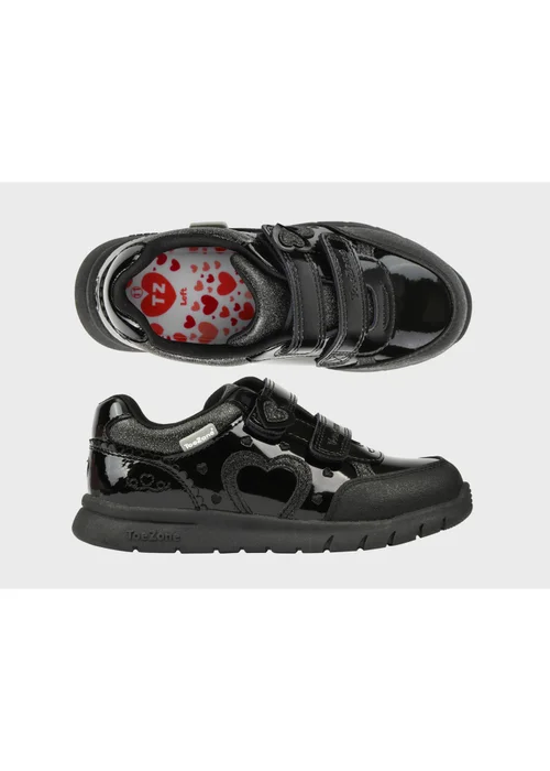 ToeZone Girls Black Isla Patent Heart Rip Tape School Shoes (Younger 8 - Older 2) - 12 Infants Image 3