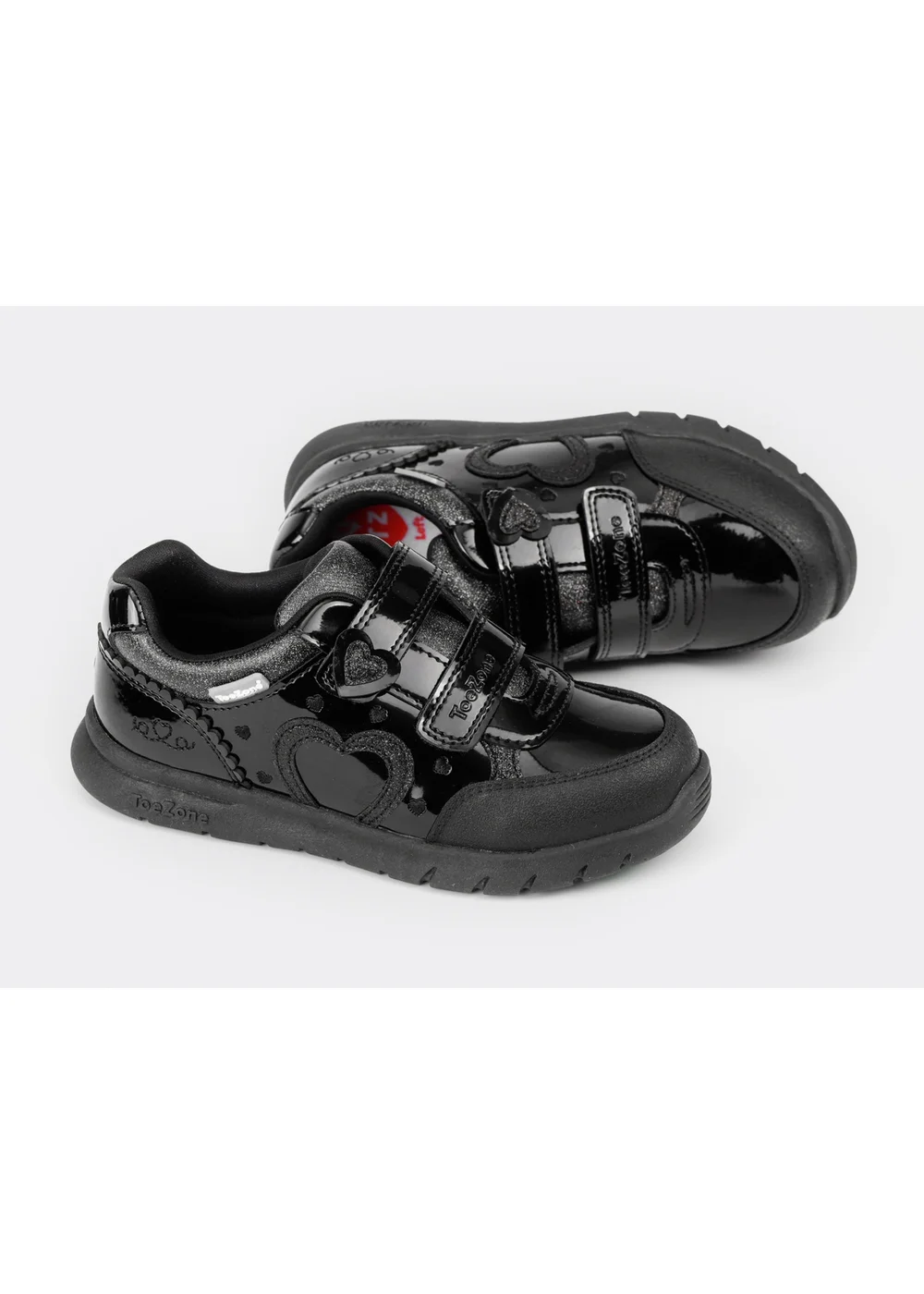 ToeZone Girls Black Isla Patent Heart Rip Tape School Shoes (Younger 8 - Older 2) - 12 Infants Image 2