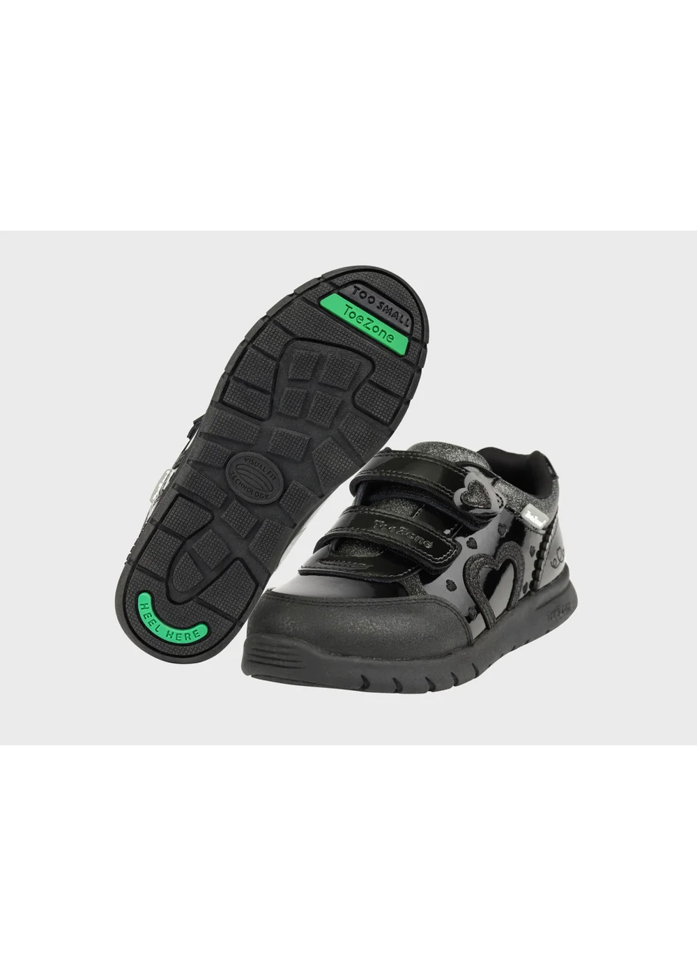 ToeZone Girls Black Isla Patent Heart Rip Tape School Shoes (Younger 8 - Older 2) - 12 Infants Image 1