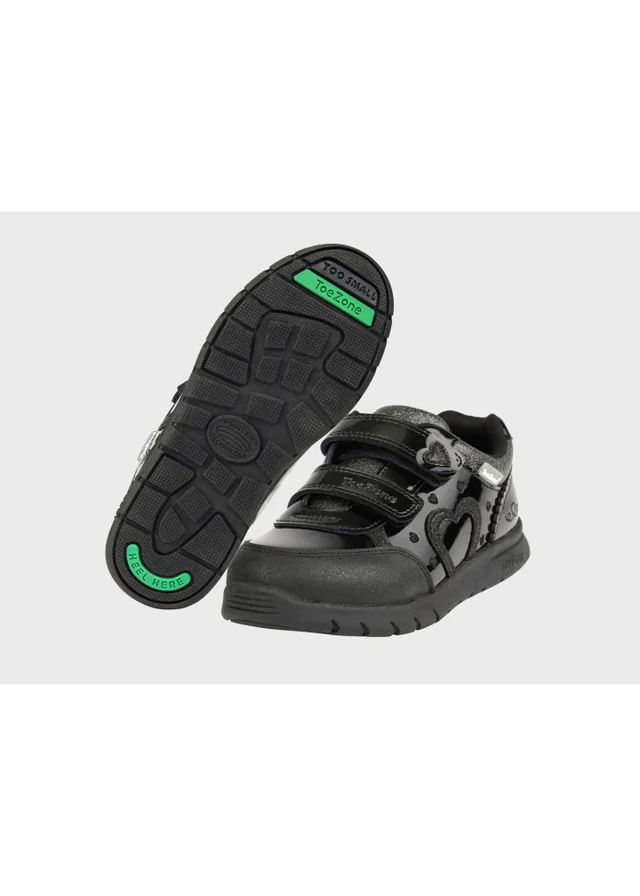 ToeZone Girls Black Isla Patent Heart Rip Tape School Shoes (Younger 8 - Older 2)