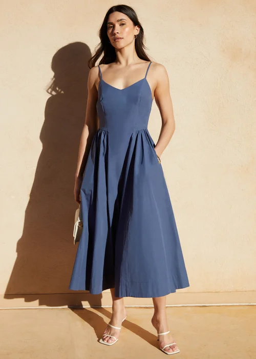 Threadbare Blue V Neck Fit & Flare Midi Dress - 8 Image 4