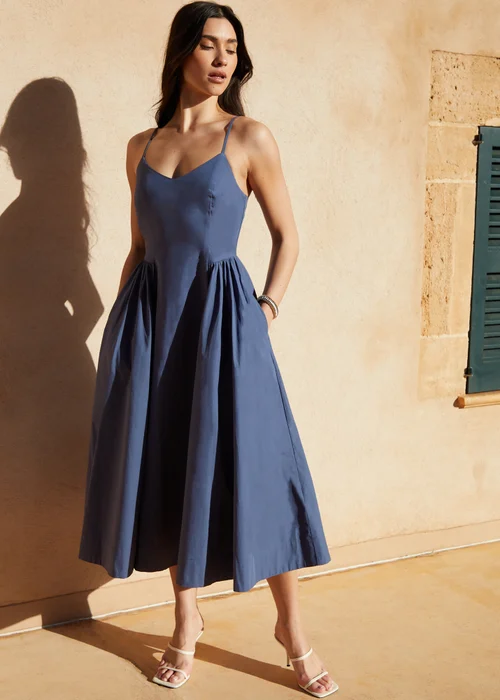 Threadbare Blue V Neck Fit & Flare Midi Dress - 8 Image 1