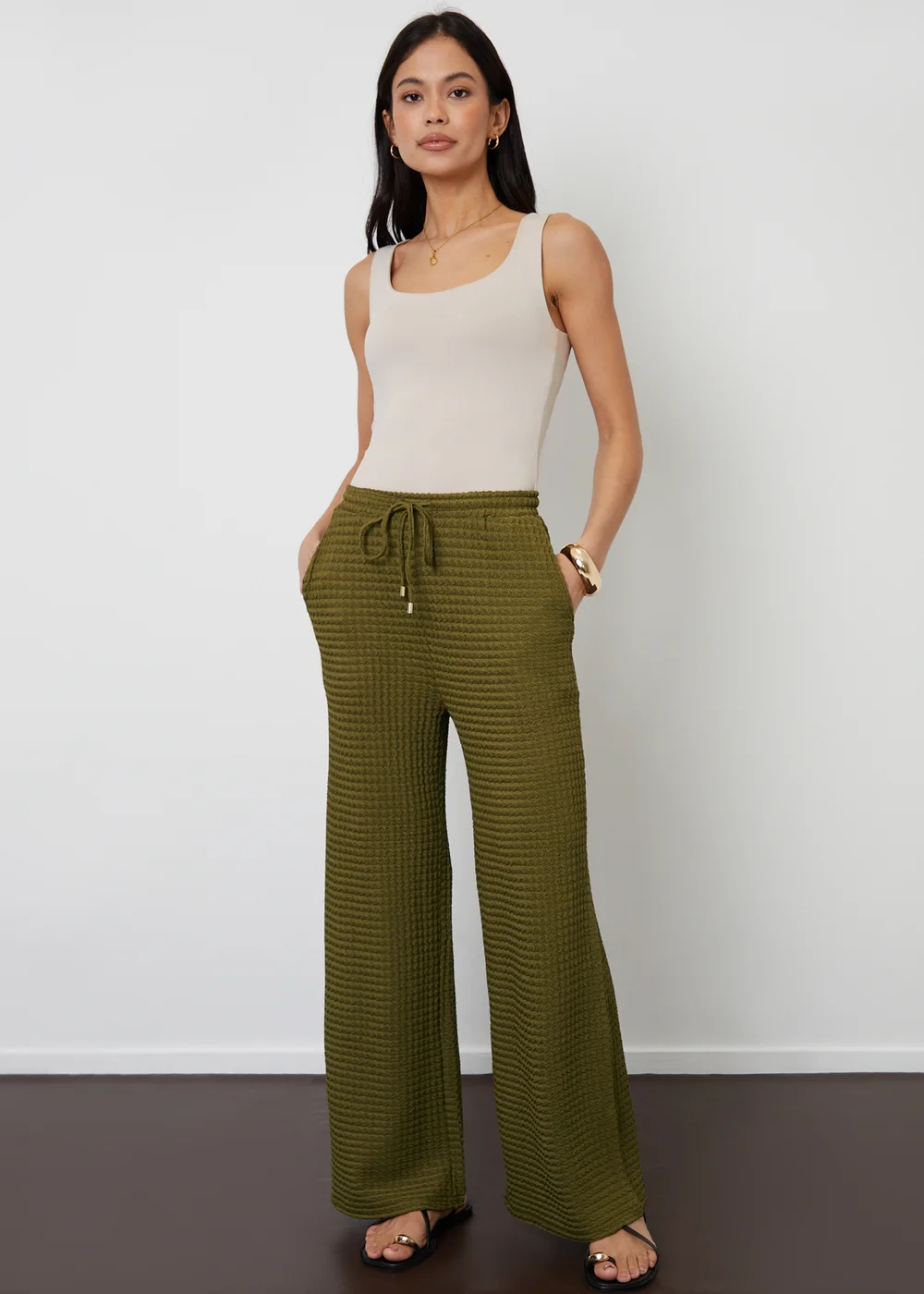 Threadbare Khaki Textured Jersey Wide Leg Trousers - Size 8 Image 4