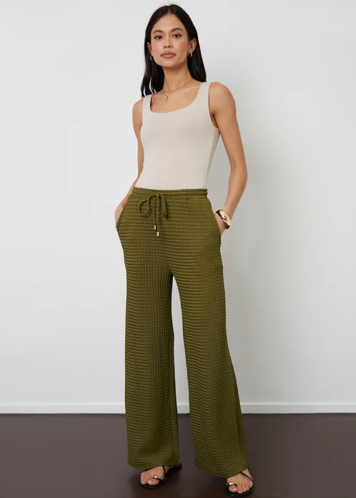 Threadbare Khaki Textured Jersey Wide Leg Trousers - Size 8 Image 4