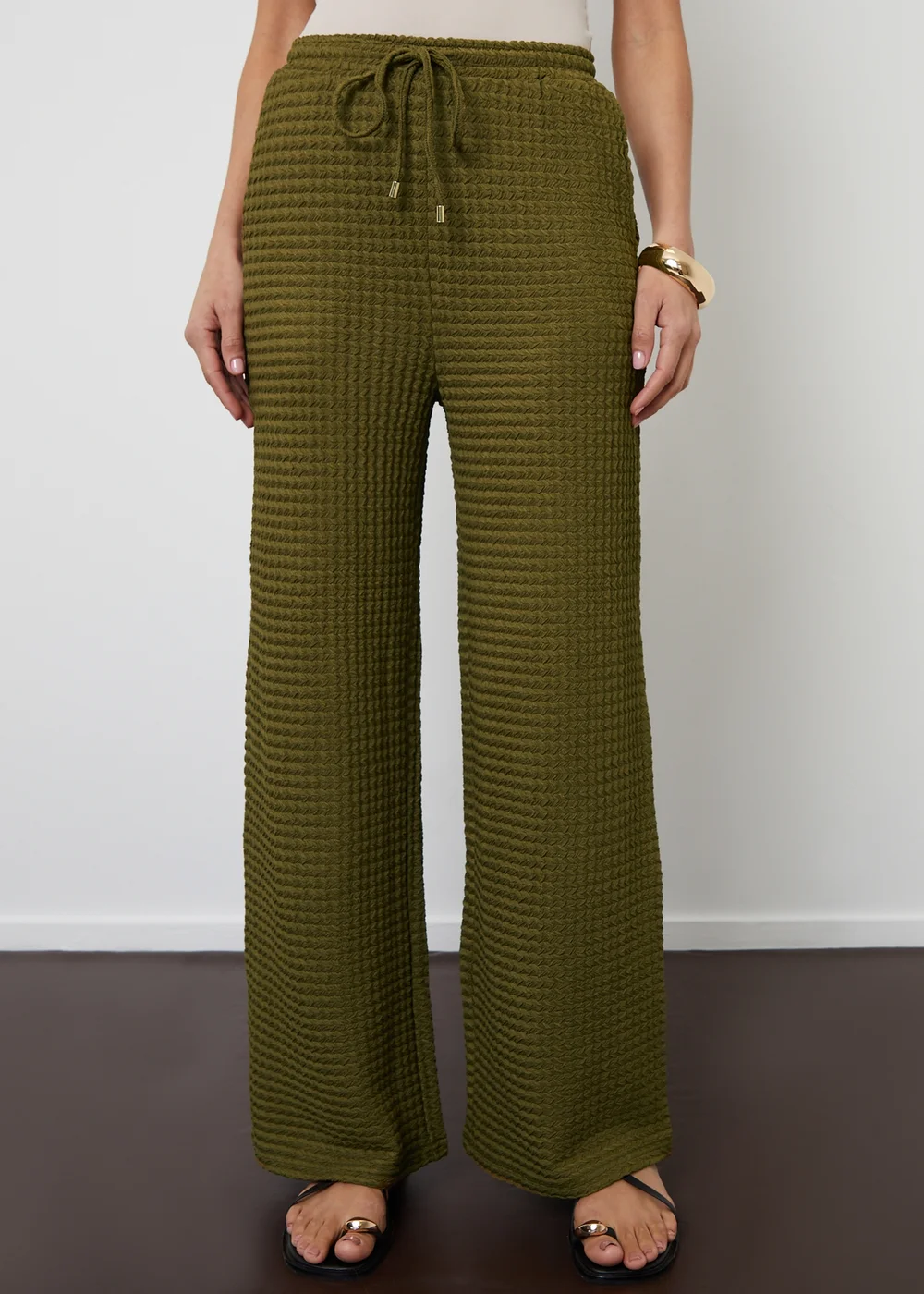 Threadbare Khaki Textured Jersey Wide Leg Trousers - Size 8 Image 1