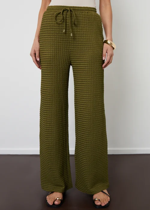 Threadbare Khaki Textured Jersey Wide Leg Trousers - Size 8 Image 1