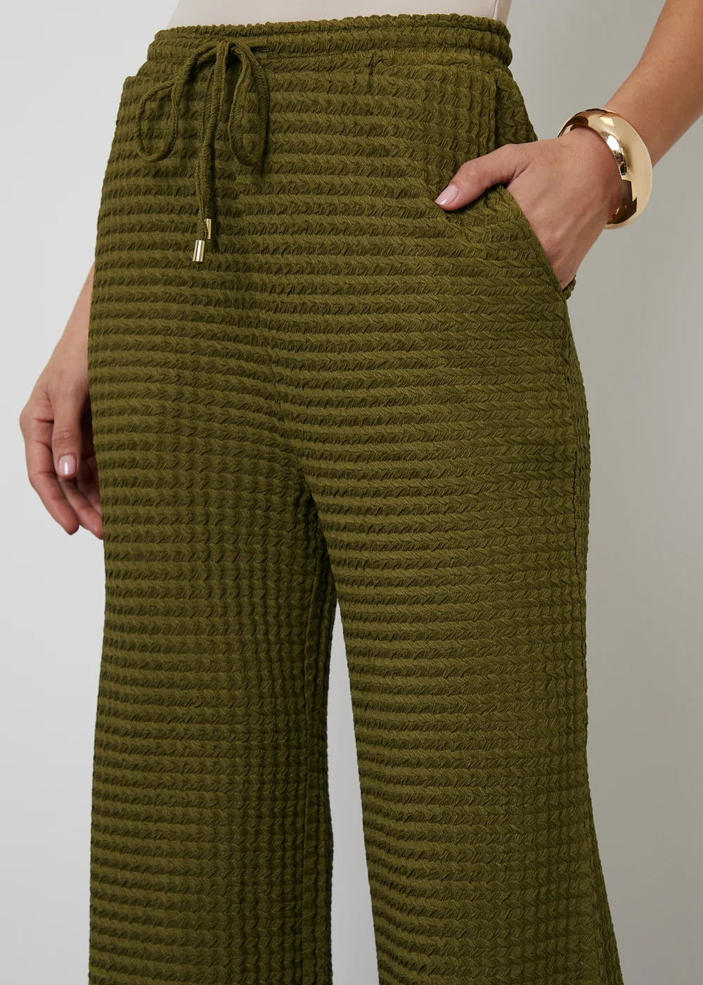 Threadbare Khaki Textured Jersey Wide Leg Trousers - Size 8 Image 3