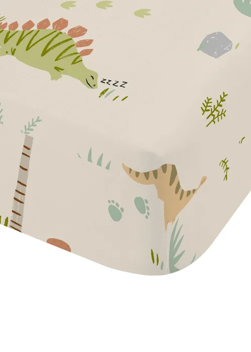 Catherine Lansfield Sleepy Dino Natural Green Fitted Sheet - Junior Image 3